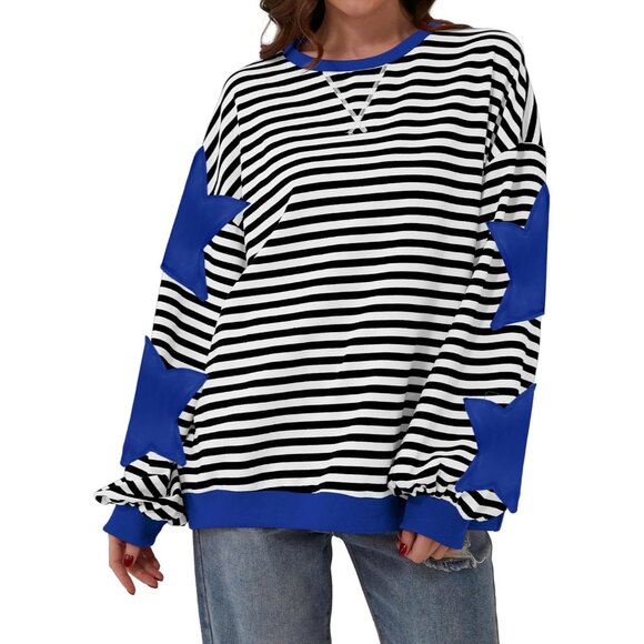 Women Oversized Cotton Blend Striped Star Crew Neck Pullover Sweater - Picture 2 of 7
